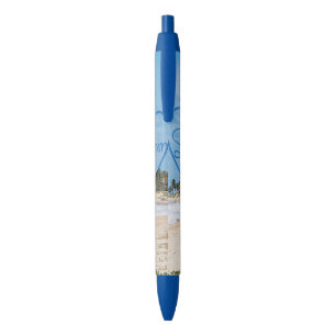 Caneta Azul Cena pintada da praia da tipografia do coração d
