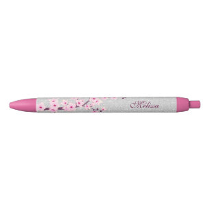 Caneta Azul Cherry Blosssom Silver Glitter Monograma