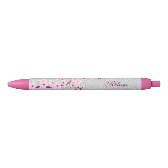 Caneta Azul Cherry Blosssom Silver Glitter Monograma (Frente)
