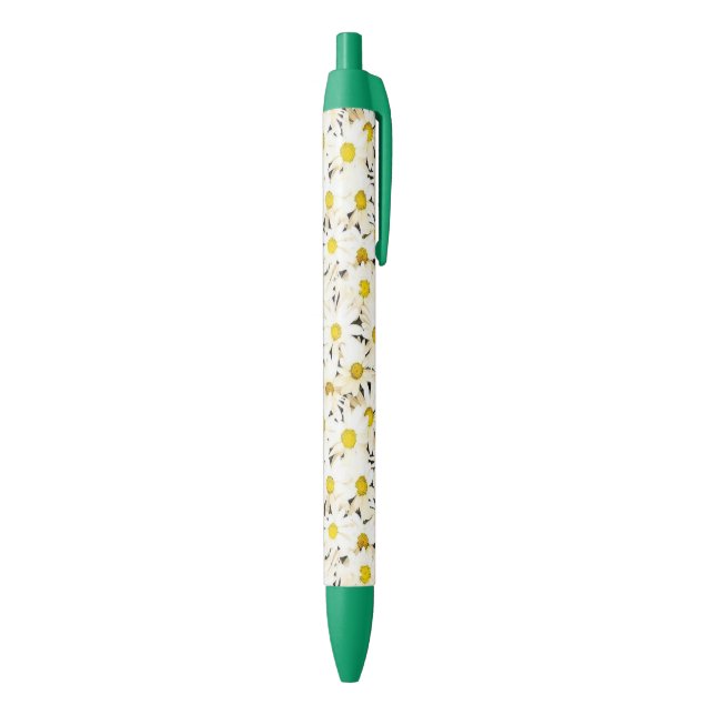 Caneta Azul Daisy White Daisies Trendy Floral Green Nature (parte de inferior (Vertical))