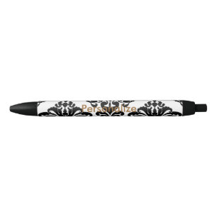 Caneta Azul Damasceno Branco e Preto Elegante Chic Personaliza