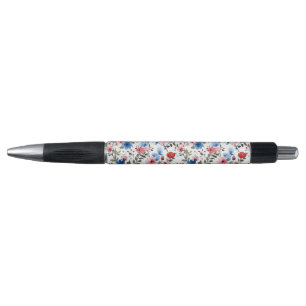 Caneta Azul e Floral Vermelho