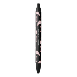 Caneta Azul Elegante Flamingo Rosa Padrão Nome Script Monogram