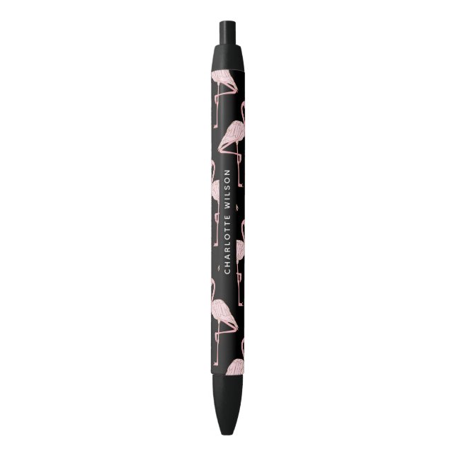 Caneta Azul Elegante Flamingo Rosa Padrão Nome Script Monogram (Frente Vertical)