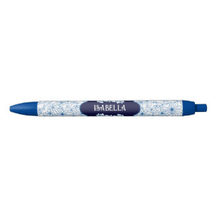 Caneta Azul Fofo Azul e Branco Floral Nome Personalizado País