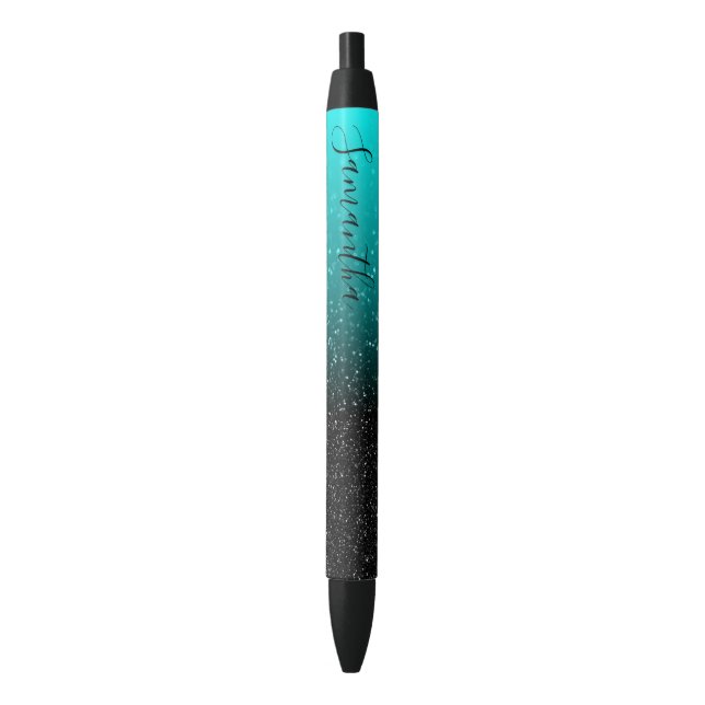 Caneta Azul Glitter de Mouro Negro de Aqua Personalizado Giras (Frente Vertical)