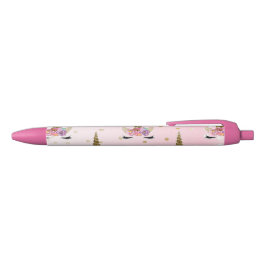 Caneta Azul Meninas Unicórnio Floral Brilho Rosa e Dourado Chi