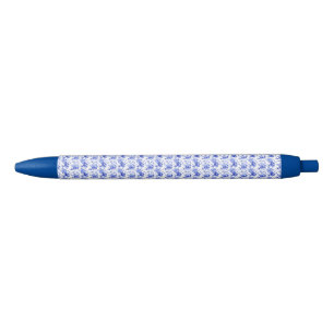 Caneta Azul Padrão Floral Azul e Branco Vintage