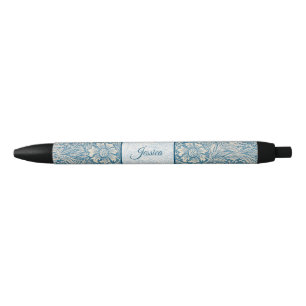 Caneta Azul Padrão Floral Azul Vintage Nome de Script Elegante