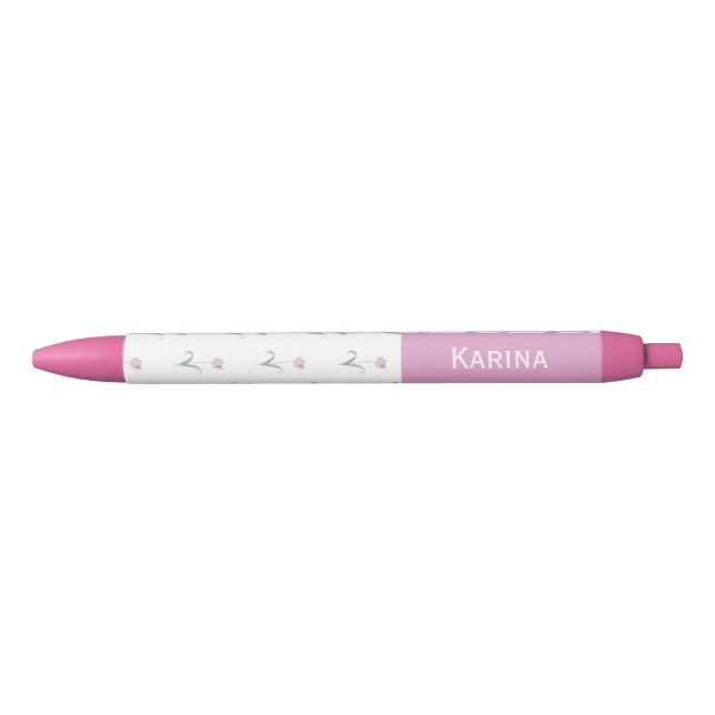Caneta Azul Pink Tulips Custom Name Pen (Frente)