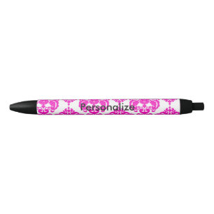 Caneta Azul Rosa Quente & Damask Branco Elegante Chique Person