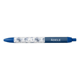 Caneta Azul Rosas Azuis Aquarela Nome Personalizado 