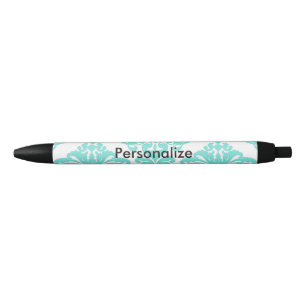 Caneta Azul Teal & Preto Damask Elegante Personalizado Chic