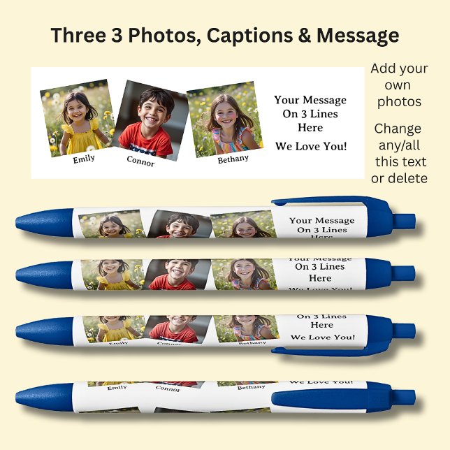 Caneta Azul Três 3 fotos com nomes e mensagens brancas em azul (Criador carregado)