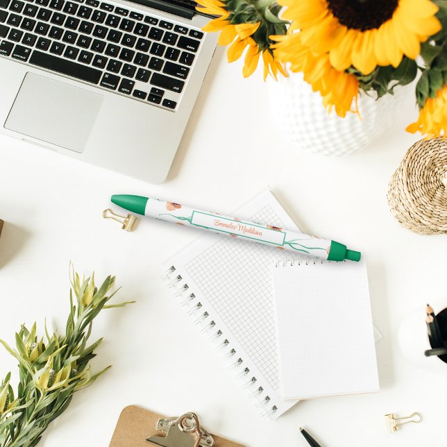 Caneta Azul Verde Laranja Boêmia Floral Ditsy Monograma (Criador carregado)