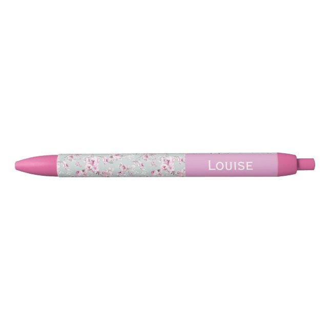 Caneta Azul Vintage Rose Pink Custom Name Pen (Frente)
