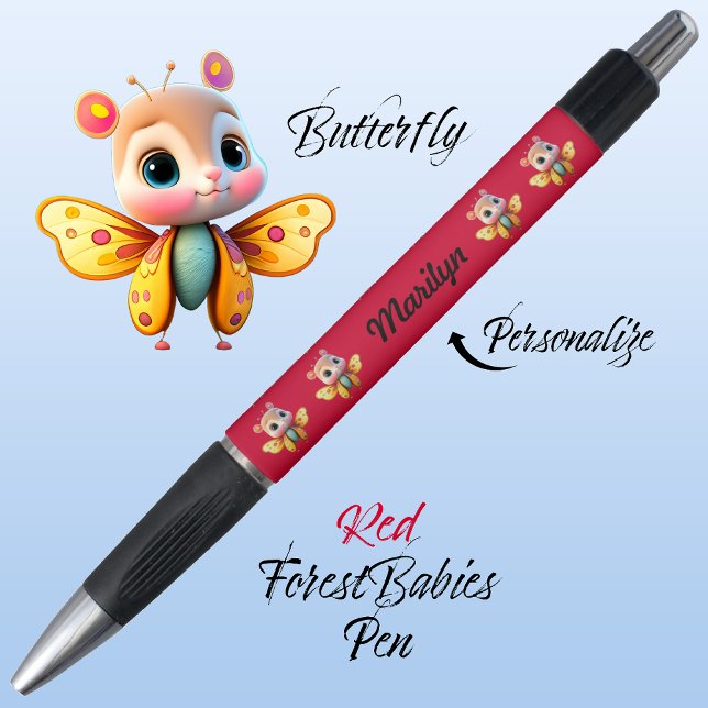 Caneta Borboleta, Bela Garota Branca, 🦋 Vermelha (Cute Whimsical Confident Girl Butterfly Cartoon Graphic, Red Personalizable ForestBabies Pen 🦋)