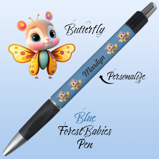 Caneta Borboleta, Bonita Caráter De Garota Branca, 🦋 Azu (Cute Whimsical Confident Girl Butterfly Cartoon Graphic, Blue Personalizable ForestBabies Pen 🦋)