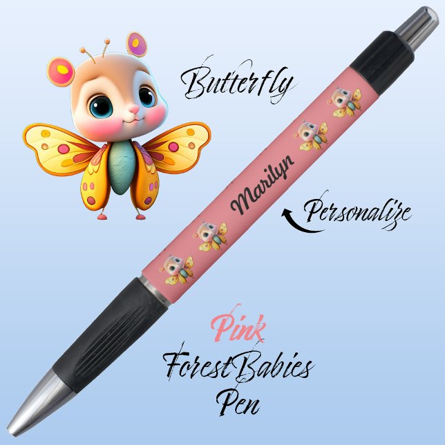 Caneta Borboleta, Bonita Mulher Branca, 🦋 Rosa (Cute Whimsical Confident Girl Butterfly Cartoon Graphic, Pink Personalizable ForestBabies Pen 🦋)