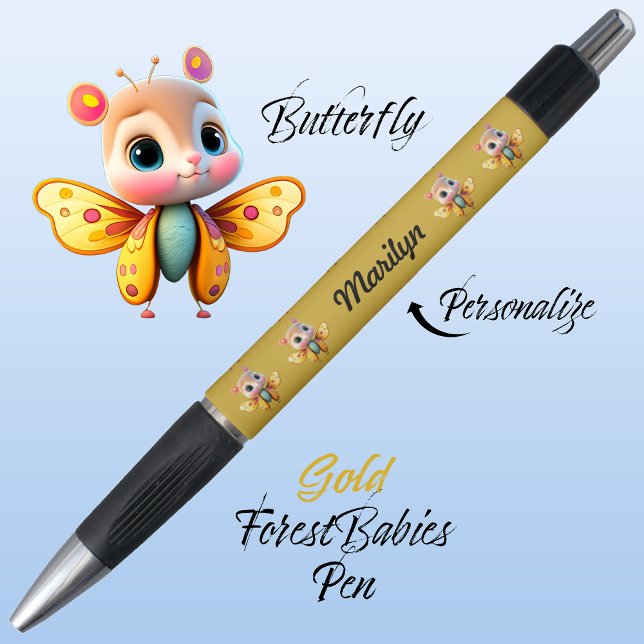 Caneta Borboleta, Bonita Personagem De Garota Branca, Dou (Cute Whimsical Confident Girl Butterfly Cartoon Graphic, Gold Personalizable ForestBabies Pen 🦋)