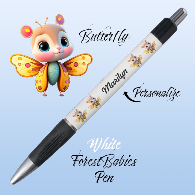 Caneta Borboleta, Linda Garota Branca Voando Insetos (Cute Whimsical Confident Girl Butterfly Cartoon Graphic, White Personalizable ForestBabies Pen 🦋)