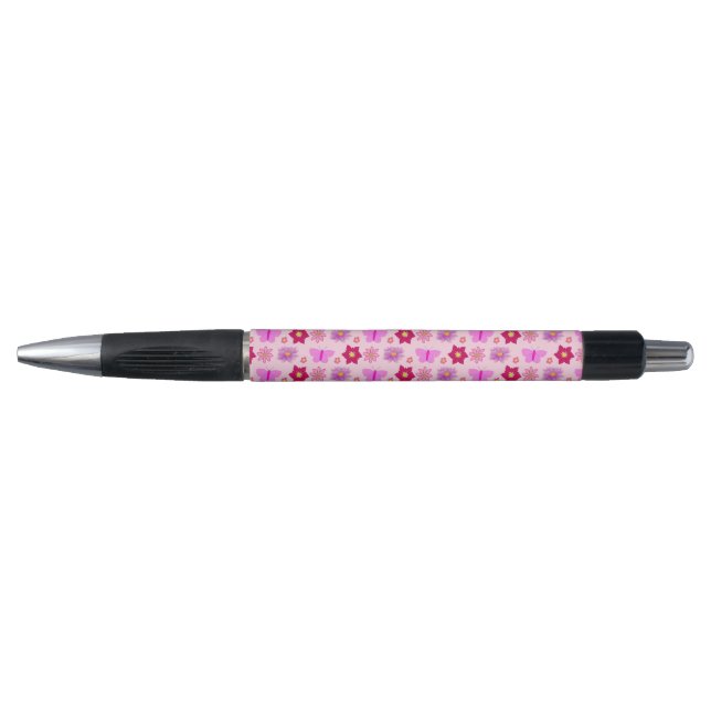Caneta Borboletas e flores de bebê cor-de-rosa (Frente)