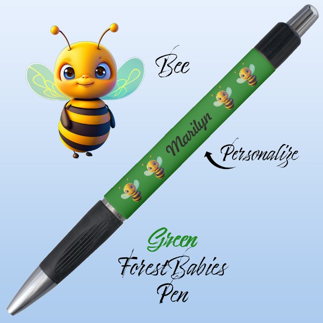 Caneta Bumblebee, Bonito Presente, Mel Gráfico Verde (Cute Whimsical Bee Cartoon Graphic, Green Personalizable ForestBabies Pen 🐝)