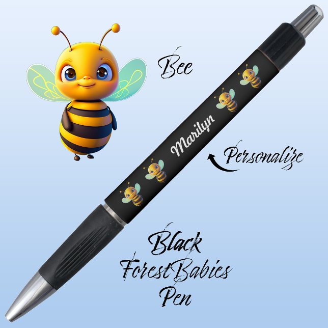 Caneta Bumblebee, Bumble Beer School Stationery Black Tin (Cute Whimsical Bee Cartoon Graphic, Black Personalizable ForestBabies Pen 🐝)