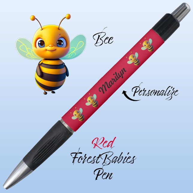 Caneta Bumblebee, Crianças Divertidas Bebidas Mel Cartoon (Cute Whimsical Bee Cartoon Graphic, Red Personalizable ForestBabies Pen 🐝)