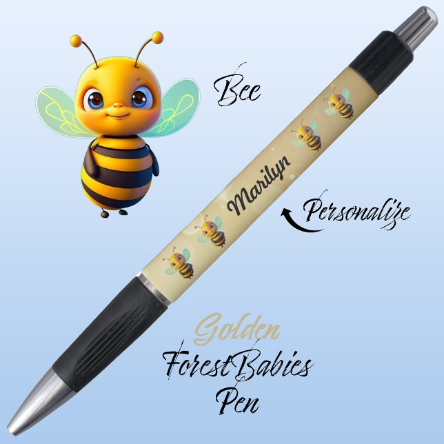 Caneta Bumblebee, Design de Abelhas Frescas, Ouro de Abel (Cute Whimsical Bee Cartoon Graphic, Gold Personalizable ForestBabies Pen 🐝)