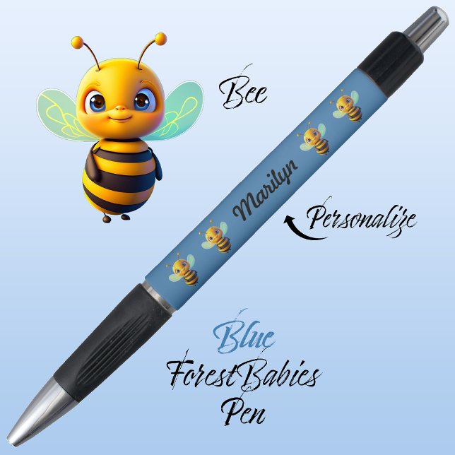 Caneta Bumblebee, Honey Bee Insett Cartoon Vibrant Blue (Cute Whimsical Bee Cartoon Graphic, Blue Personalizable ForestBabies Pen 🐝)