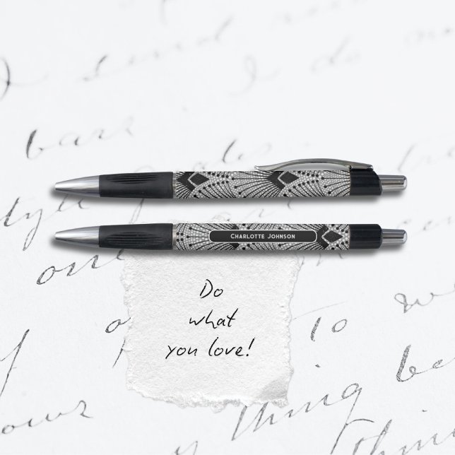 Caneta Cinza Art Deco Padrões de Peacock Preto (Stylish Art Deco Gray Black White Peacock Pattern Pen ©Susanne Sachers - Sunny Mind 🌞)