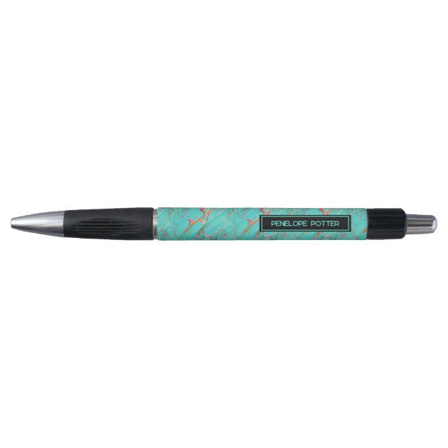 Caneta Colorida Marbled Faux Turquoise com Nome (Frente)