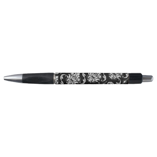 Caneta Cor damasco floral preto e branco clássica (Frente)