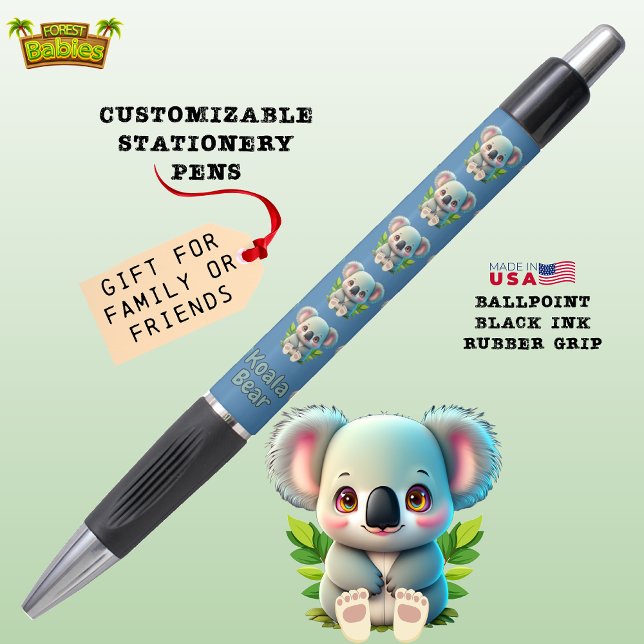 Caneta Cute Koala Bear australiano - 🐨 azul gráfico (Cute Koala Bear Australian Wildlife Animal Graphic Ballpoint Ink Pen with Rubber Grip Stationery 🐨)