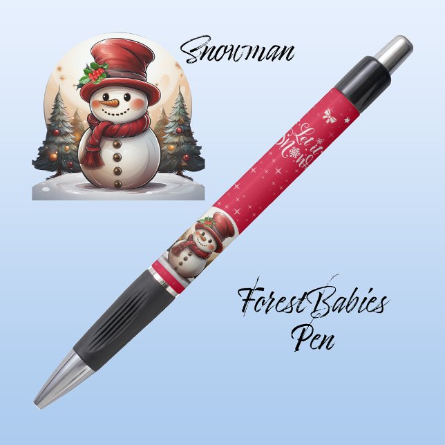 Caneta Cute Snowman Top Hat Deixa-o Neve ⛄️ Caráter Verme (Winter Holiday Season Snowman with Christmas Trees, Let it Snow, sparkle red ForestBabies Xmas pen⛄️)