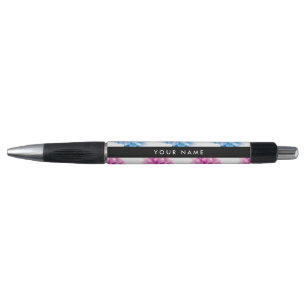 Caneta Dália Rosa e Azul, Padrão Floral, Seu Nome
