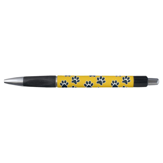 Caneta de Impressão de Pata (A playful pen with a yellow body adorned with black paw prints.)