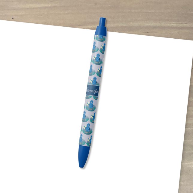 Caneta de padrão de pássaro branco azul com nome (Blue whimsical bird pattern personalized pen . )