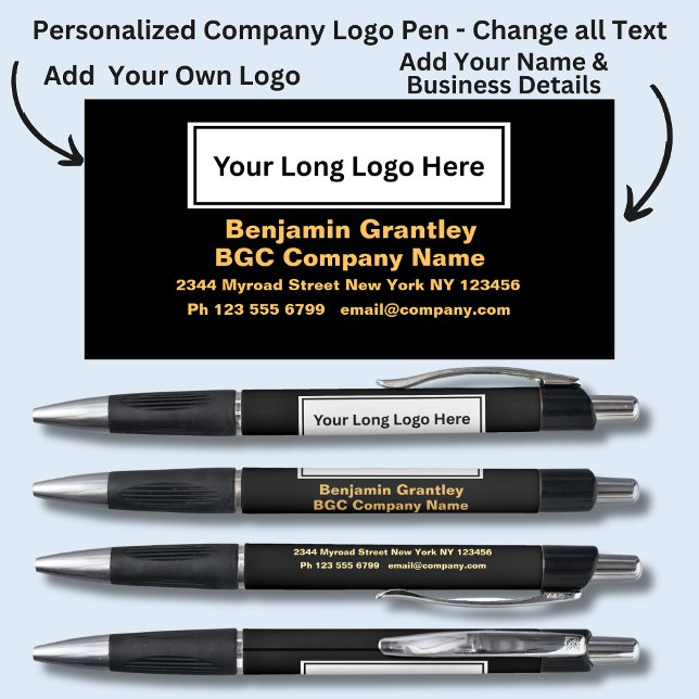 Caneta Detalhes da Empresa, Texto Laranja Dourado em Pret (Criador carregado)