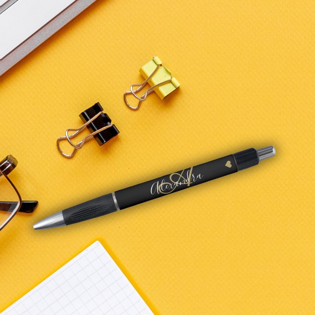 Caneta Elegante Black Dourado Heart Script Name Monograma (Criador carregado)