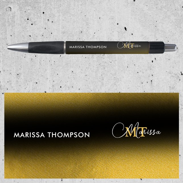 Caneta Elegante Nome em Rascunho com Gradiente Monograma  (Elegant Black Gold Gradient Monogram Script Name Pen)