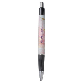 Caneta Elegante Pintura Rosa e Dourada Nome Roxo