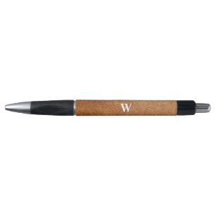 Caneta Elegante Textura de Couro Marrom com Nome Monogram