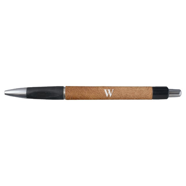 Caneta Elegante Textura de Couro Marrom com Nome Monogram (Frente)