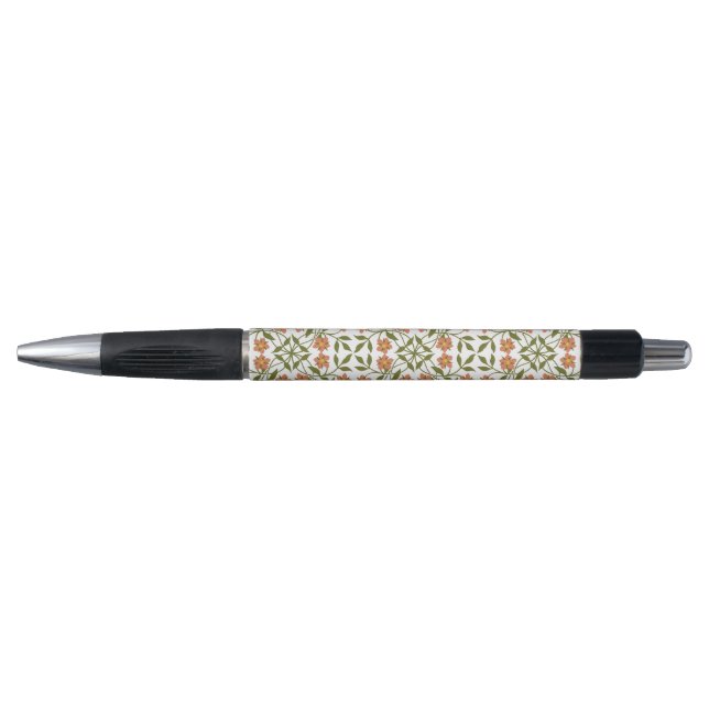 Caneta Flores Laranja, Padrão Floral, Folhagem, Boho (Frente)