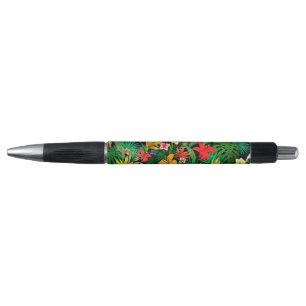 Caneta Flores Multicoloridas & Folhas de Palmeira em Pret