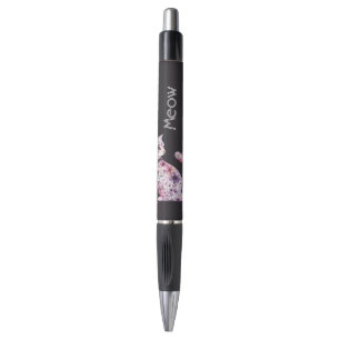 Caneta Gato Floral Preto Rosa Roxo Rosas Bonito