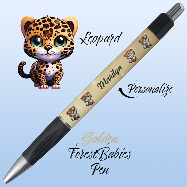 Caneta Leopardo, Gráfico Único de Gatos Brancos Dourados (Cute Whimsical Leopard Cartoon Graphic, Gold Customizable ForestBabies Pen 🐆)