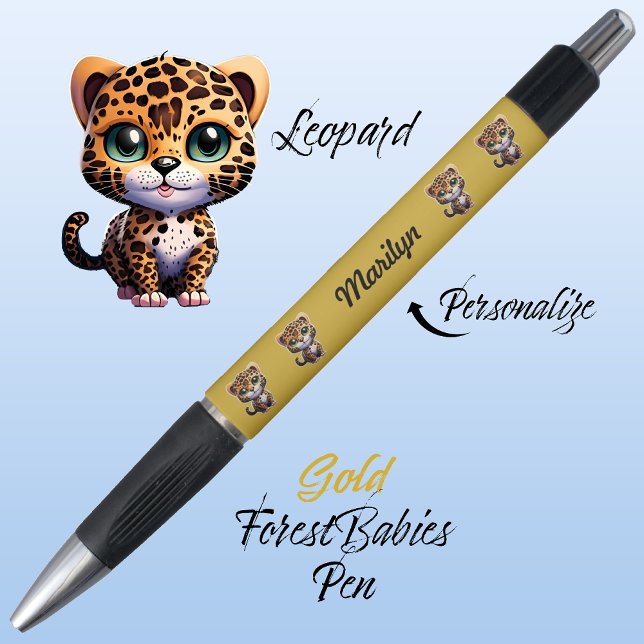 Caneta Leopardo, Gráfico Único de Gatos Brancos Dourados (Cute Whimsical Leopard Cartoon Graphic, Gold Customizable ForestBabies Pen 🐆)